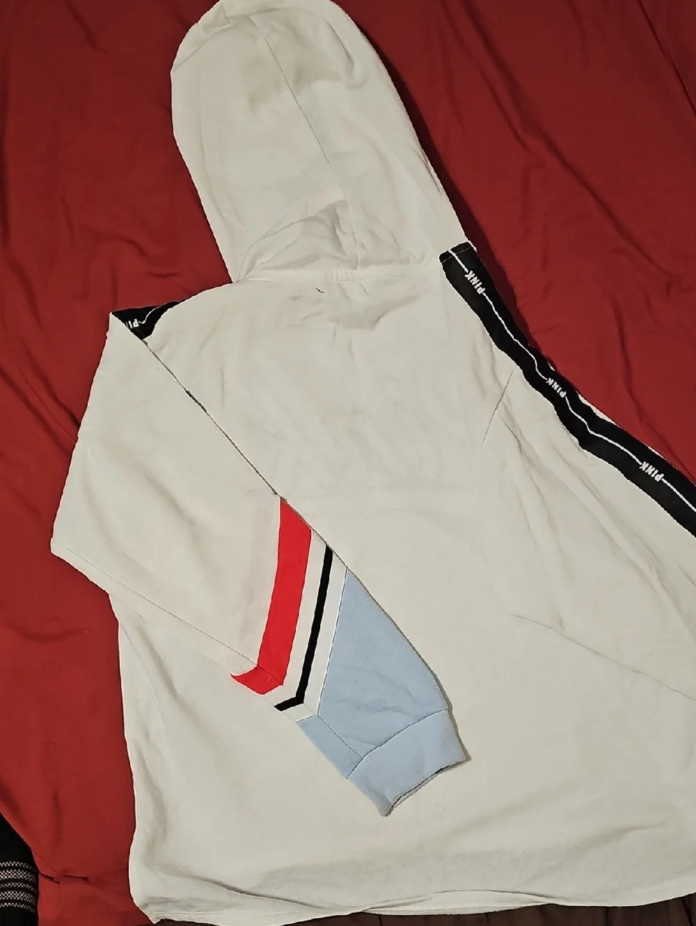 PINK Victoria's Secret White Hoodie with Red, Black & Light Blue Accents - Picture 3 of 3